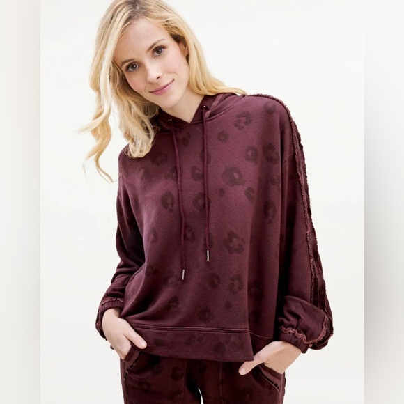 Splendid Leopard Print Maroon Relaxed Fit Pullover Velvet Trim Hoodie - Large - Picture 1 of 9